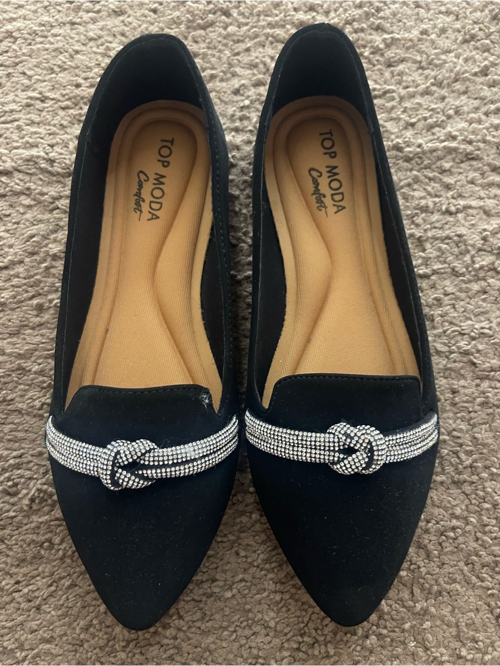 TOP Moda Black Pointed Flats with Rhinestone Knot Trim